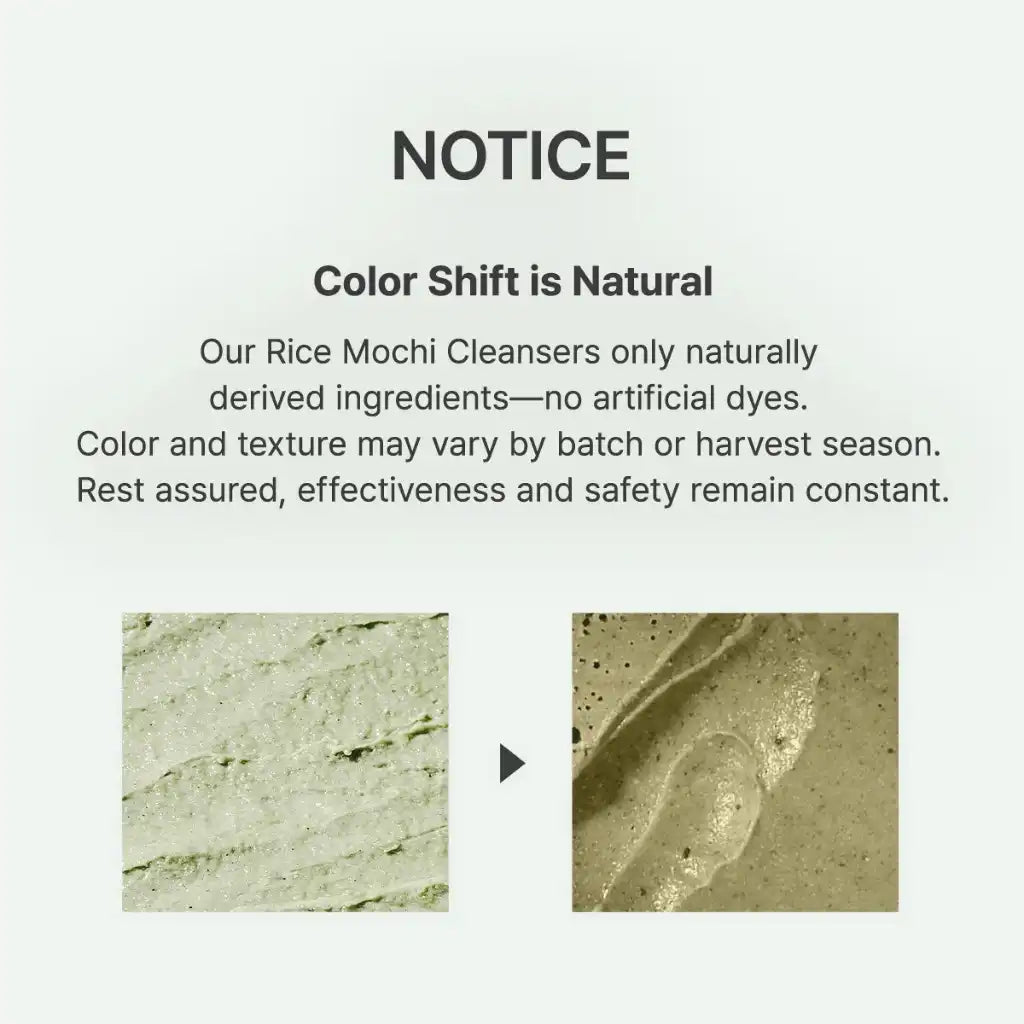 Arencia Fresh Green Rice Mochi Cleanser 120g - Notice variation couleur naturelle Arencia Mochi ingrédients naturels sans colorants - Kbeauty Korean skincare Europe fast delivery - Skincare coréenne Skinorea shop Paris France livraison rapide