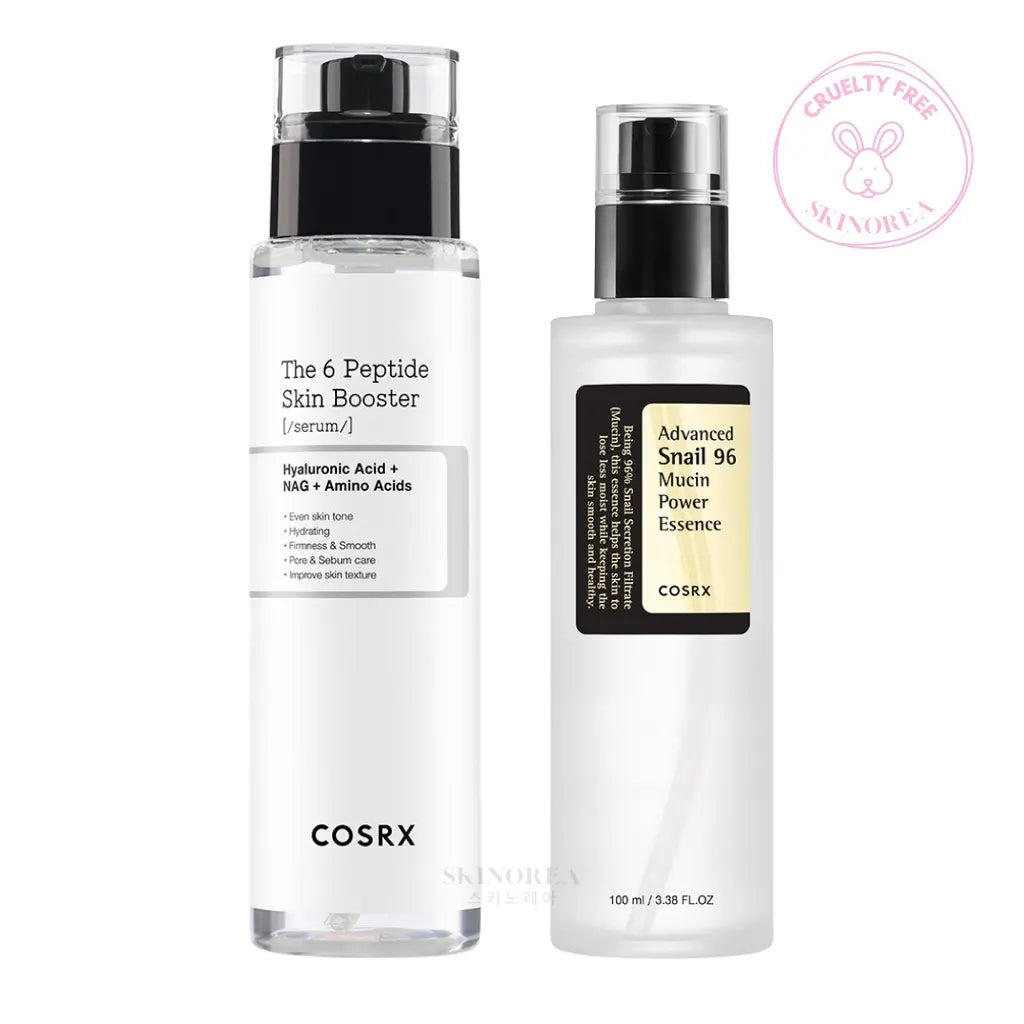 COSRX Skin Barrier Boost Duo Pack: The 6 Peptide Skin Booster Serum + Advanced Snail 96 Mucin Power Essence - Repairing and protecting skin barrier cruelty-free set - Kit protégeant la barrière cutanée - Kbeauty Korean Skinorea shop Europe fast delivery - skincare coréenne Skinorea shop France Paris livraison rapide - yesstyle