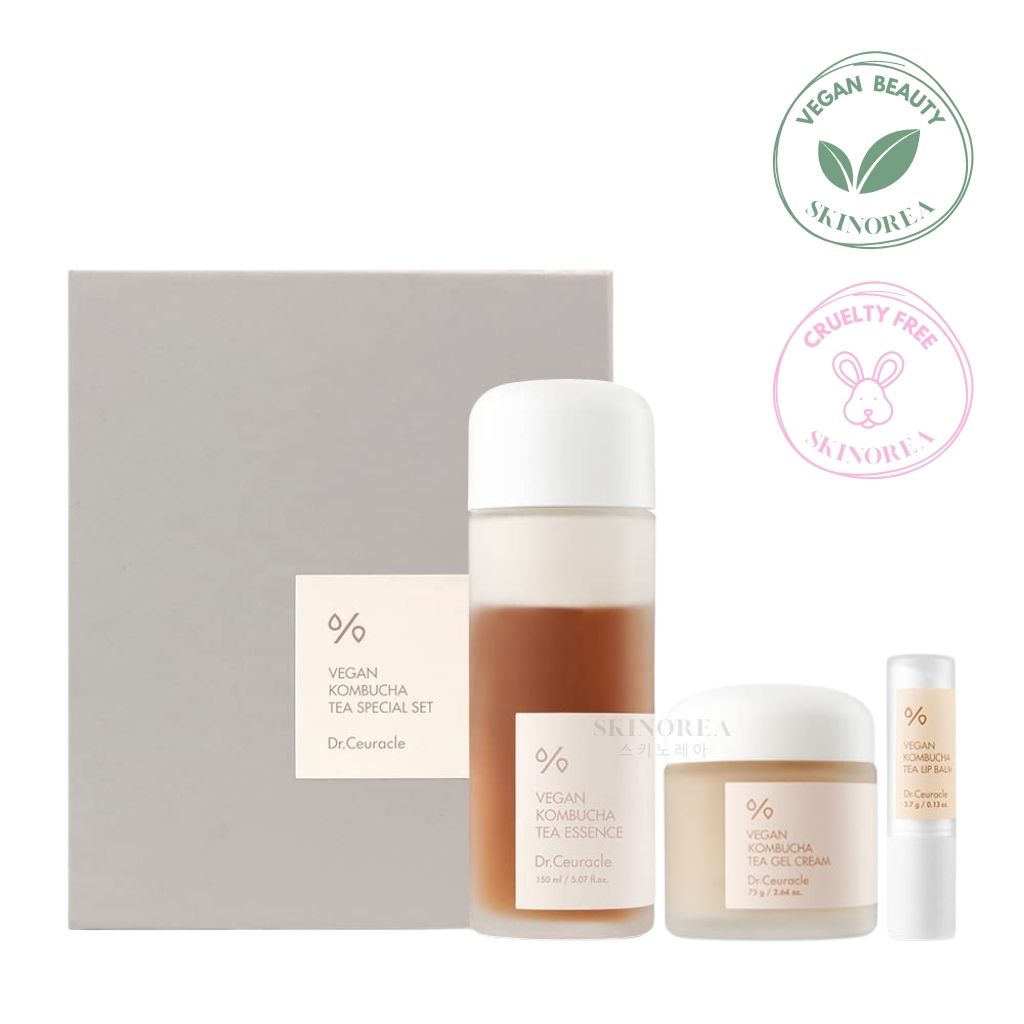 Dr.Ceuracle Vegan Kombucha Tea Special Set - Essence + Gel cream + Lip balm - Nourishing and Detoxifying Skincare set