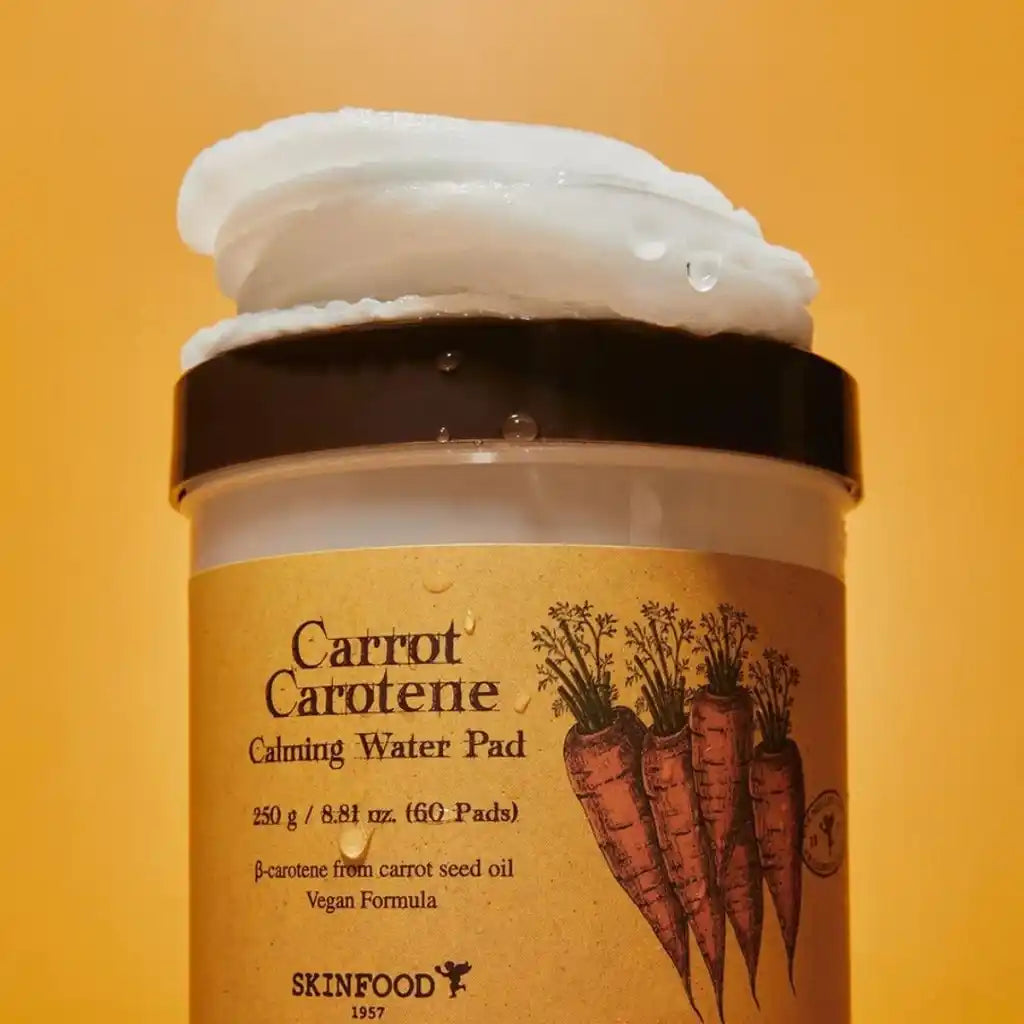 SKINFOOD Carrot Carotene Calming Water Pad 60pads - texture - Pads tonique en coton apaisant vegan - Best seller olive young - k-beauty skincare coréenne - Skinorea