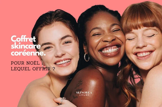 Coffret skincare coréenne pour Noël : trois femmes souriantes aux carnations différentes, guide SKINOREA des cadeaux K-beauty