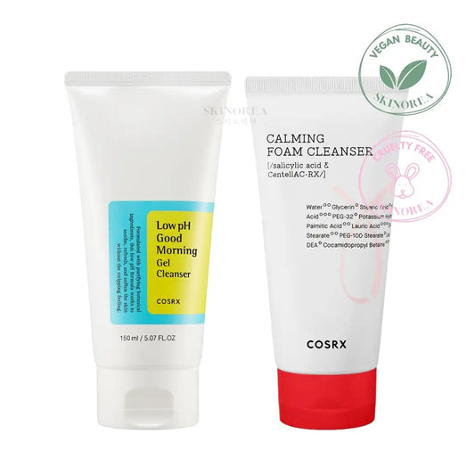 COSRX Anti-Blemish Cleanser Duo pack: Low pH Good Morning Gel Cleanser + AC Collection Calming Foam Cleanser - Vegan cleansing and gently purifying set - KIt de 2 nettoyants purifiants et doux - Kbeauty Korean Skinorea shop Europe fast delivery - skincare coréenne Skinorea shop France Paris livraison rapide - yesstyle
