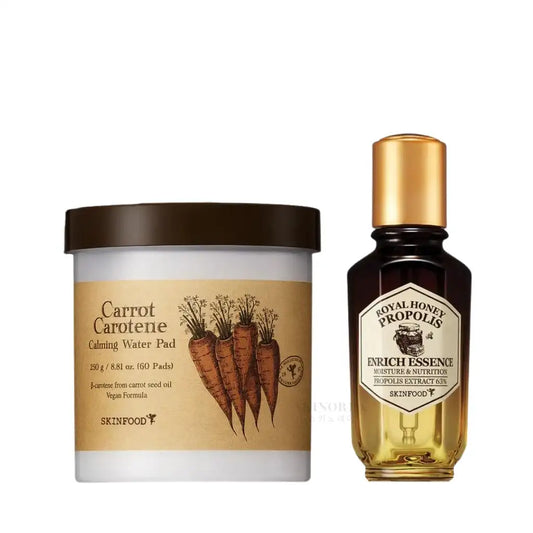 SKINFOOD Calm & Nourish Duo Pack: Carrot Carotene Calming Water Pad + Royal Honey Propolis Enrich Essence - soothing and nourishing set - Kit apaisant et nourrissant coréen - Kbeauty Korean Skinorea shop Europe fast delivery - skincare coréenne Skinorea shop France Paris livraison rapide - yesstyle