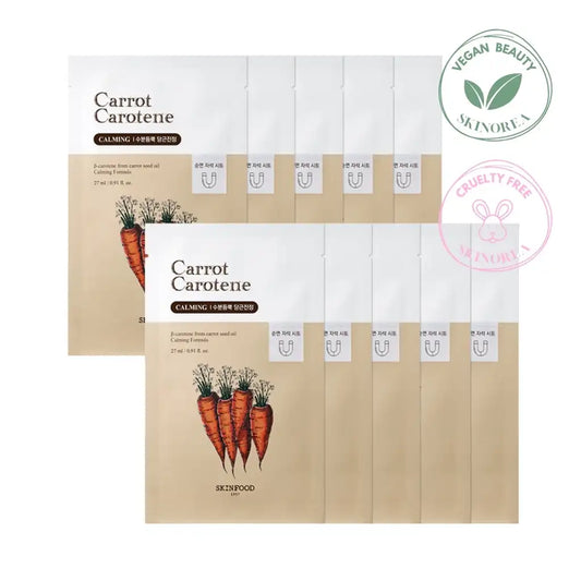 SKINFOOD Carrot Carotene Mask Pack 10 masks - Vegan carrot sheet mask pack enriched with essence - Pack 10 masques visage vegan à la carotte enrichi d'essence - Kbeauty Korean Skinorea shop Europe fast delivery - skincare coréenne Skinorea shop France Paris livraison rapide - yesstyle