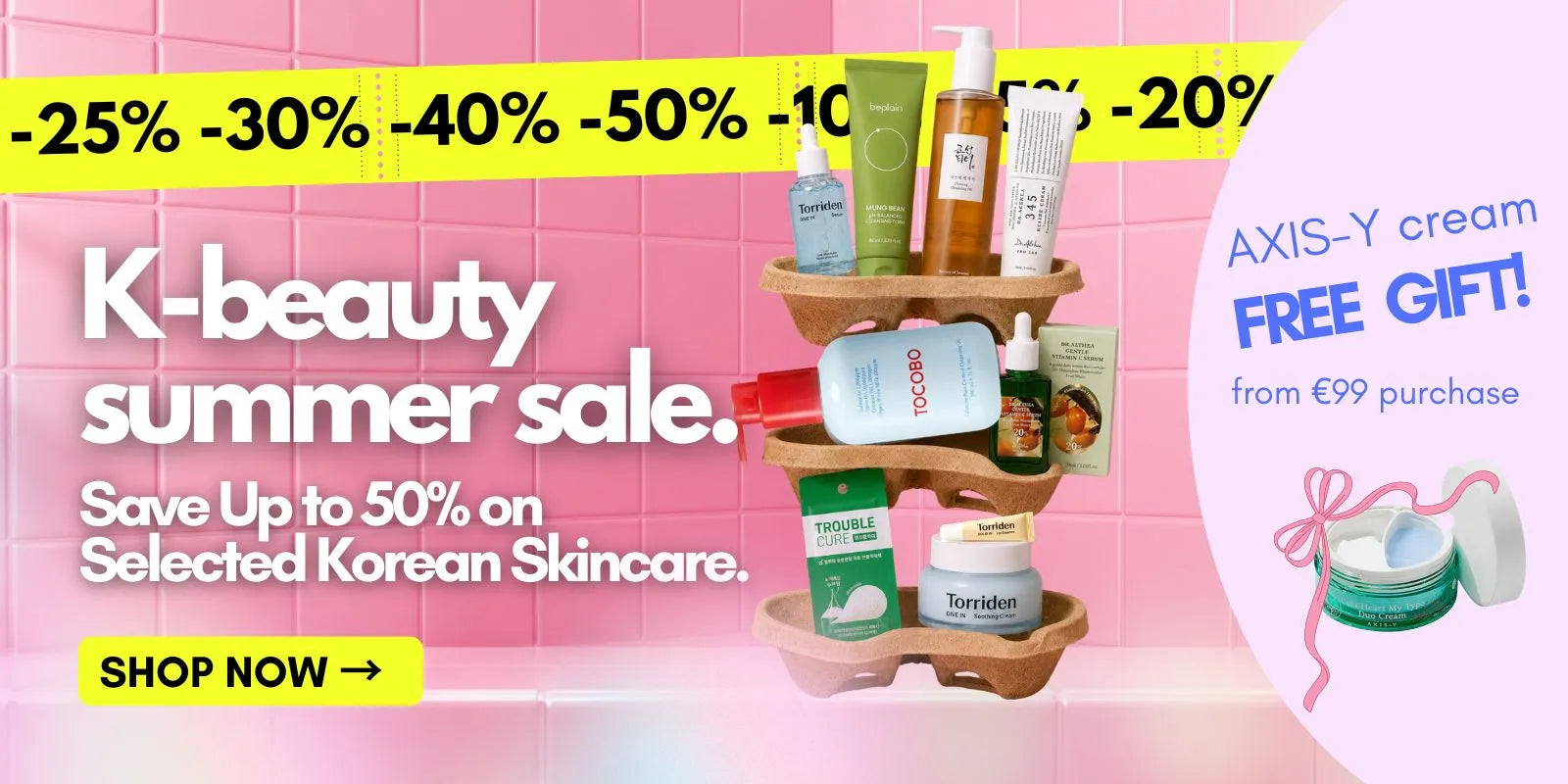 Skinorea K-beauty summer sale banner featuring up to 50% off selected Korean skincare and a free AXIS-Y cream from €99 purchase