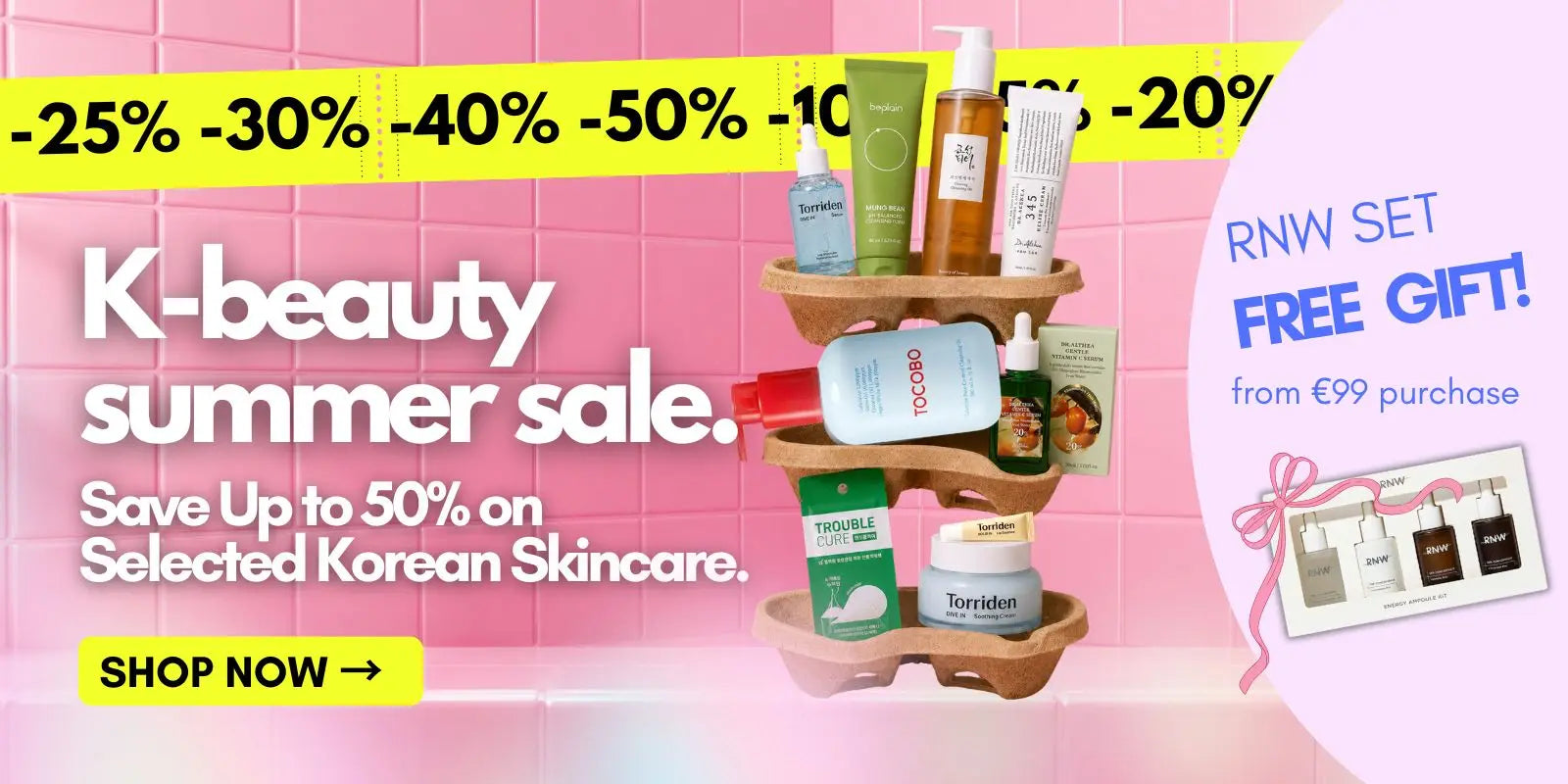 Skinorea K-beauty summer sale banner featuring up to 50% off selected Korean skincare and a free RNW set from €99 purchase.
