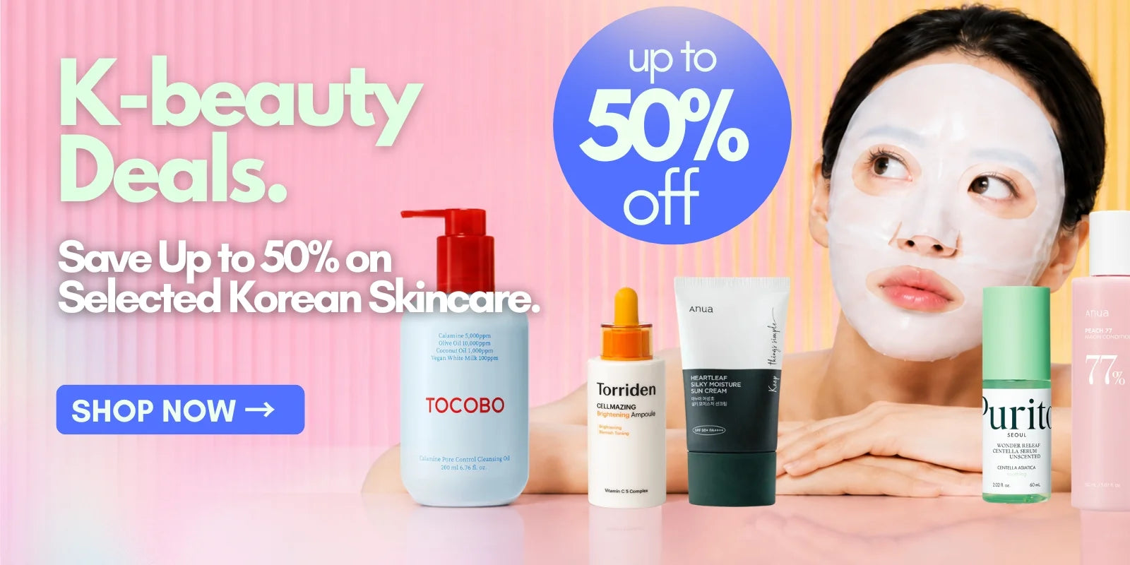 K-beauty deals with up to 50% off selected Korean skincare products including Tocobo, Torriden, Anua and Purito at Skinorea k-beauty France