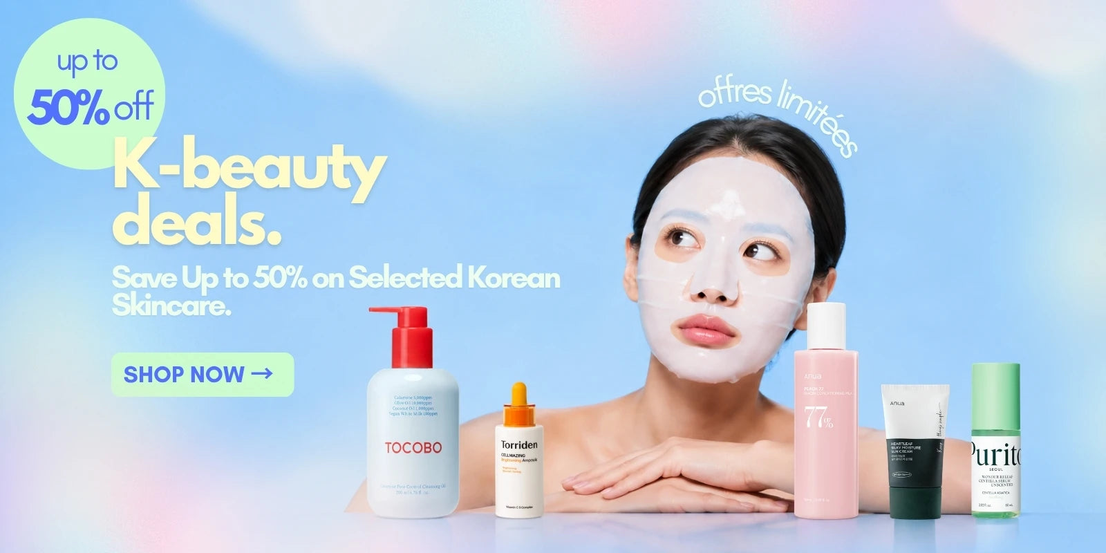 K-beauty deals with up to 50% off selected Korean skincare products including Tocobo, Torriden, Anua and Purito at Skinorea 