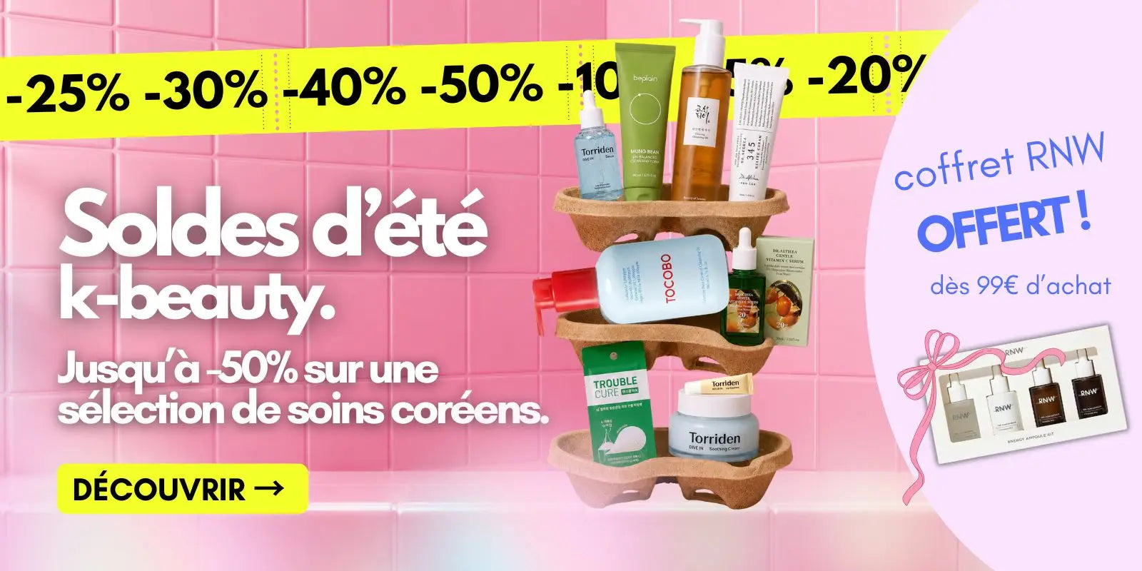 Bannière des soldes d’été K-beauty Skinorea avec jusqu’à -50% sur une sélection de soins coréens et coffret RNW offert dès 99€ d’achat.