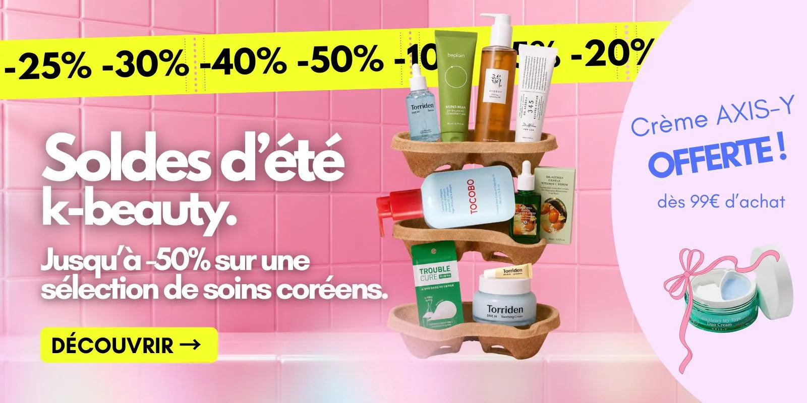 Bannière des soldes d’été K-beauty Skinorea avec jusqu’à -50% sur une sélection de soins coréens et crème AXIS-Y offerte dès 99€ d’achat